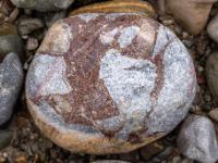 Brauner Stein mit grauweißen Flecken und hellgelbem Rand